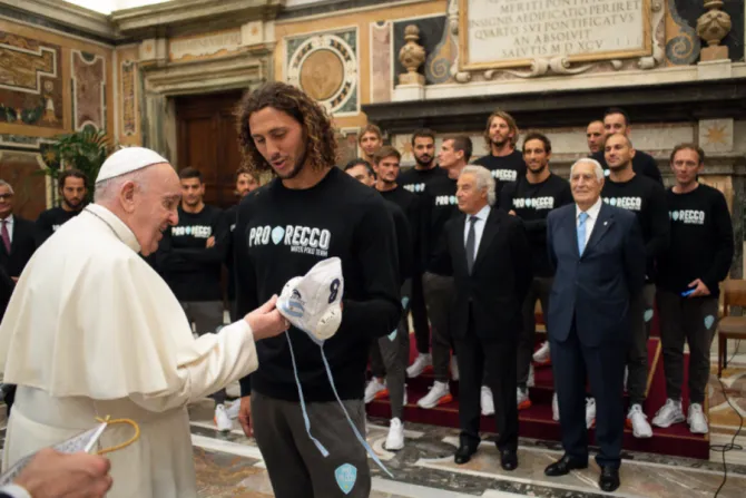 Pope Francis meets a delegation from the Pro Recco Waterpolo 1913 Team at the Vatican, April 22, 2021.